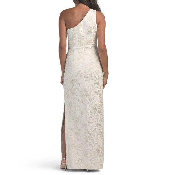 AIDAN MATTOX Light Gold One Shoulder Jacquard Gown - Picture 2 of 2